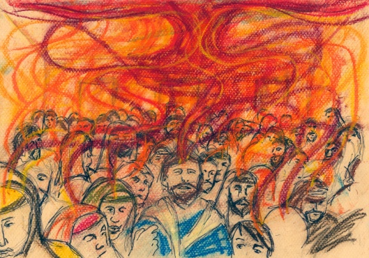 Acts 2:1-4. When the day of Pentecost came. Pastel &amp; pen. 26 May 2012.